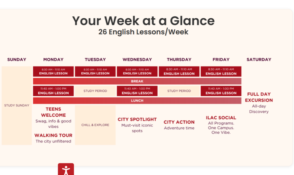 ILAC Teen Summer Package weekly schedule sample